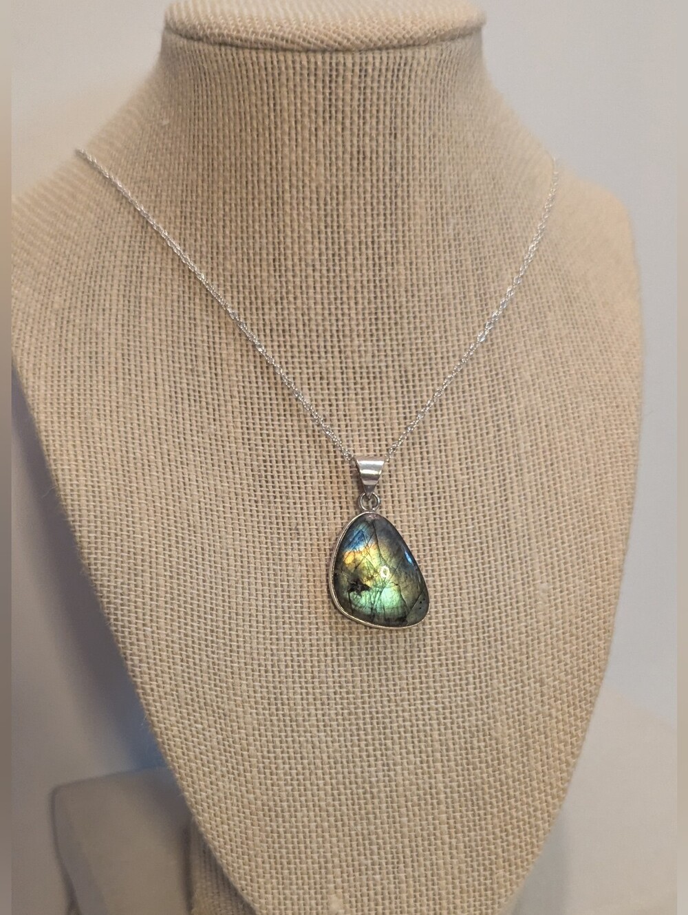 Silver Labradorite Teardrop Pendant Green Blue High Flash P042926-13